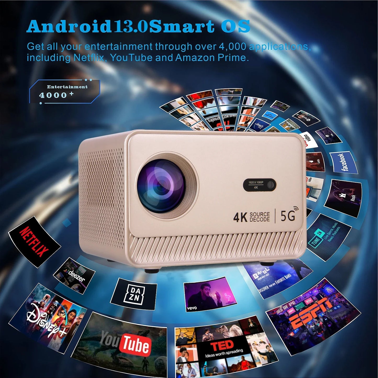 AH-Q96-E450 Android 13 Smart Projector – 1080p Resolution with 4K Source Decoding