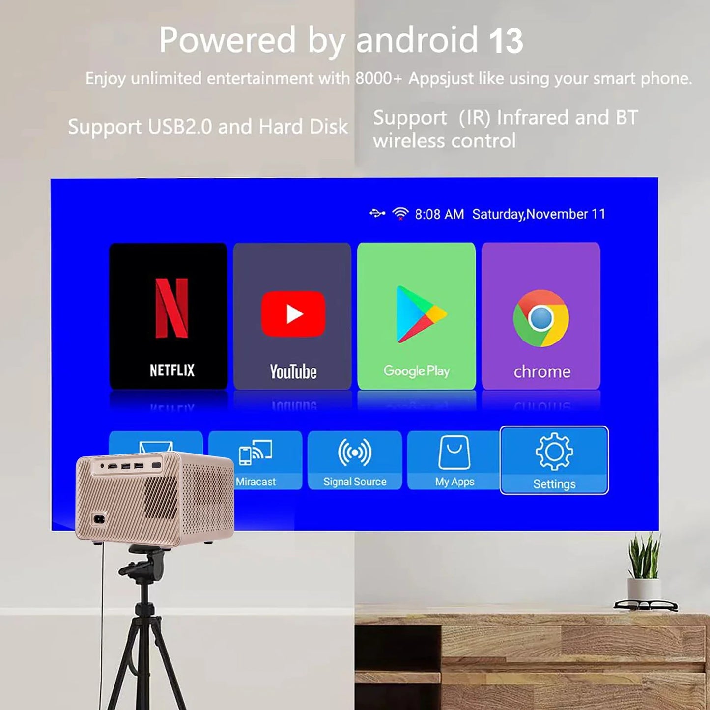 AH-Q96-E450 Android 13 Smart Projector – 1080p Resolution with 4K Source Decoding