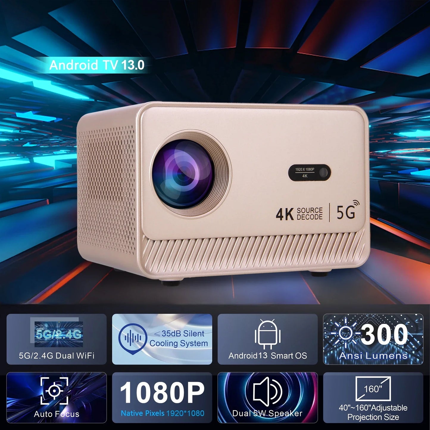AH-Q96-E450 Android 13 Smart Projector – 1080p Resolution with 4K Source Decoding